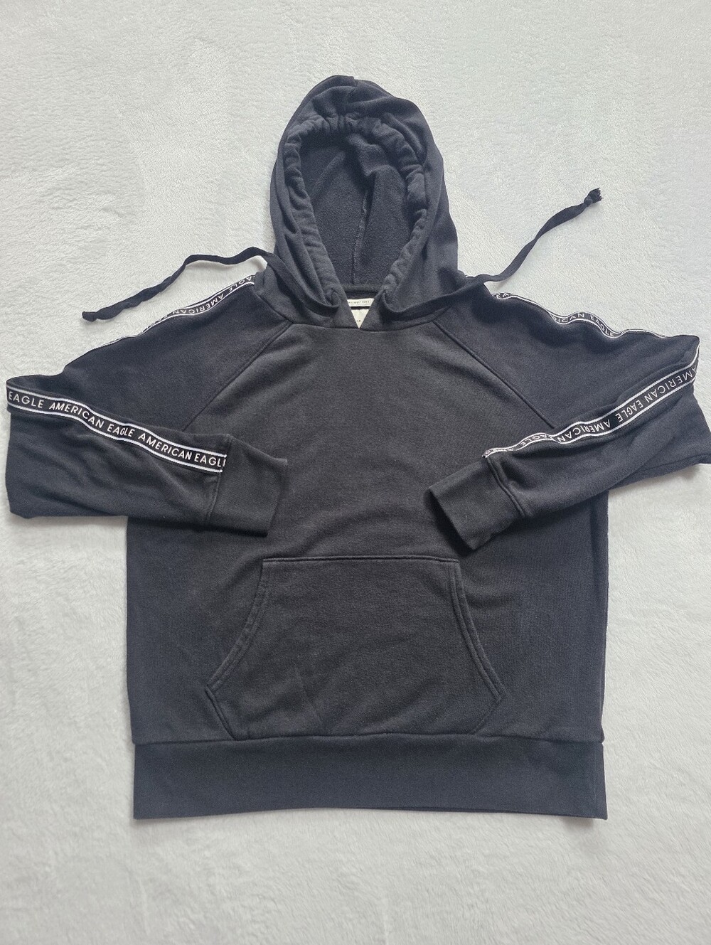 American Eagle Black Logo Tape Pullover Hoodie Sweatshirt XS